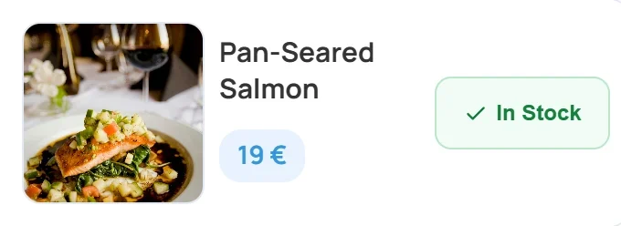 Owner app: Pan-Seared Salmon, 19 euros, with an In Stock button